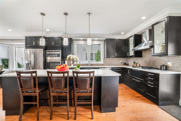 Interior, Kitchen, Pendant Lights, Recessed Lighting, Stainless Steel Appliances, Wood Texture Flooring