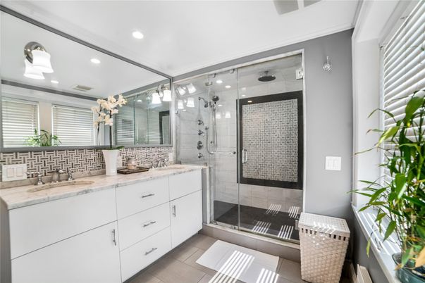 Bathroom, Dual Sink Vanities, Glass Shower, Interior, Recessed Lighting