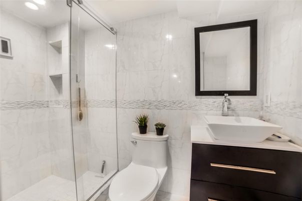 Bathroom, Glass Shower, Interior, Marble Walls, Recessed Lighting