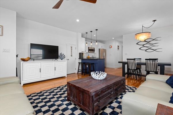 Dining room, Interior, Kitchen, Living room, Pendant Lights, Recessed Lighting, Stainless Steel Appliances, Wood Texture Flooring