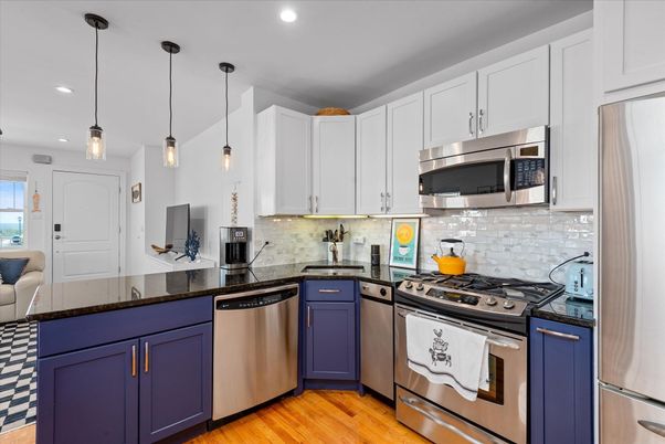 Interior, Kitchen, Pendant Lights, Recessed Lighting, Stainless Steel Appliances, Wood Texture Flooring