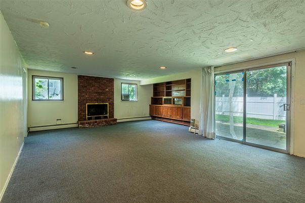 Empty room, Fireplace, Interior, Recessed Lighting, Stone Walls