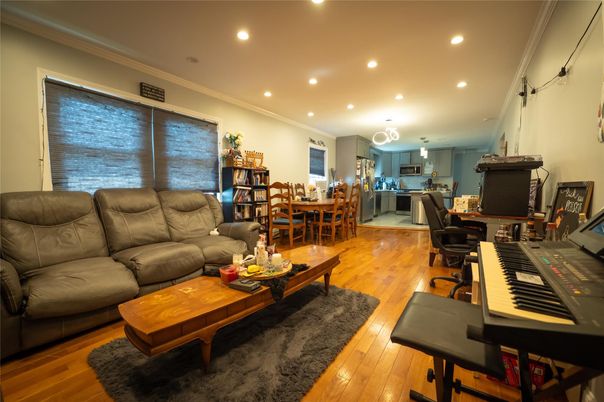 Dining room, Interior, Kitchen, Living room, Pendant Lights, Piano, Recessed Lighting, Wood Texture Flooring