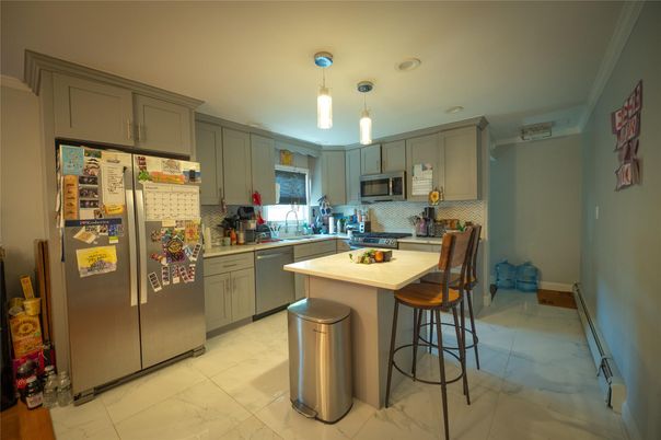 Interior, Kitchen, Marble, Pendant Lights, Stainless Steel Appliances