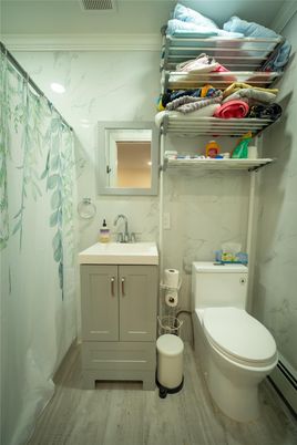 Bathroom, Interior, Marble Walls, Wood Texture Flooring