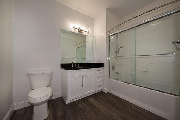 Bathroom, Glass Shower, Interior, Wood Texture Flooring