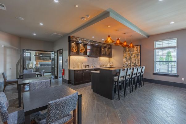 Dining room, Interior, Pendant Lights, Recessed Lighting, Wood Texture Flooring