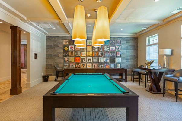 Billiard Table, Game Room, Interior, Recessed Lighting, Stone Walls