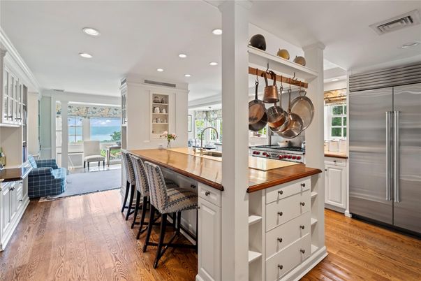 Interior, Kitchen, Recessed Lighting, Stainless Steel Appliances, Water, Wood Texture Flooring