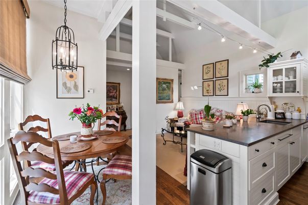 Dining room, Interior, Kitchen, Pendant Lights, Wood Texture Flooring