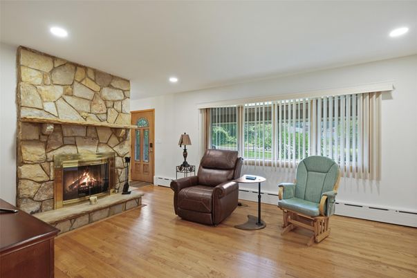 Fireplace, Interior, Recessed Lighting, Stone Walls, Wood Texture Flooring