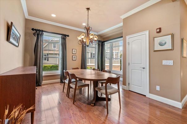 Chandelier, Dining room, Interior, Recessed Lighting, Wood Texture Flooring