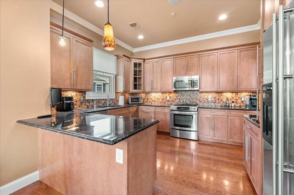 Interior, Kitchen, Pendant Lights, Recessed Lighting, Stainless Steel Appliances, Wood Texture Flooring
