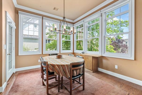 Dining room, Interior, Pendant Lights, Sun Room, Wood Texture Flooring