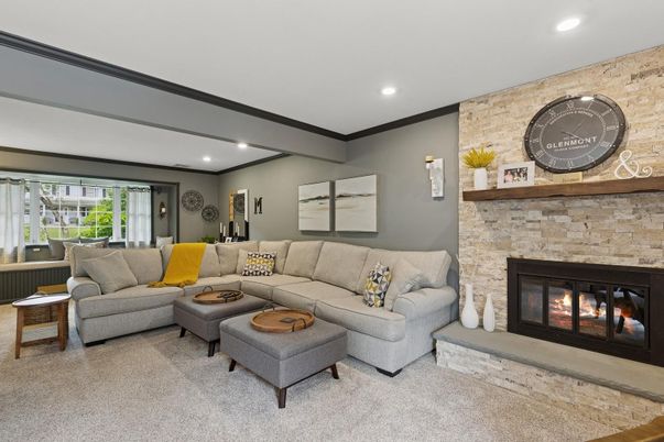Fireplace, Interior, Living room, Recessed Lighting, Stone Walls