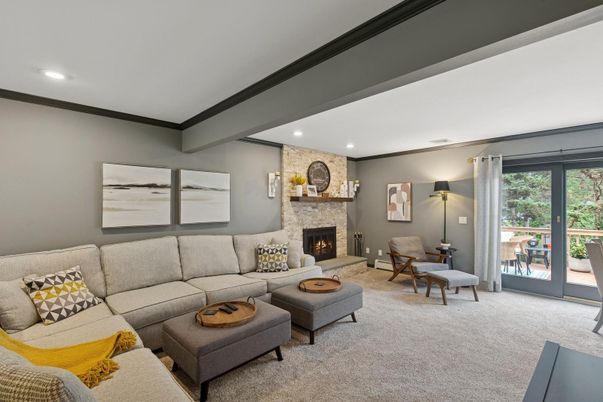 Fireplace, Interior, Living room, Recessed Lighting, Stone Walls