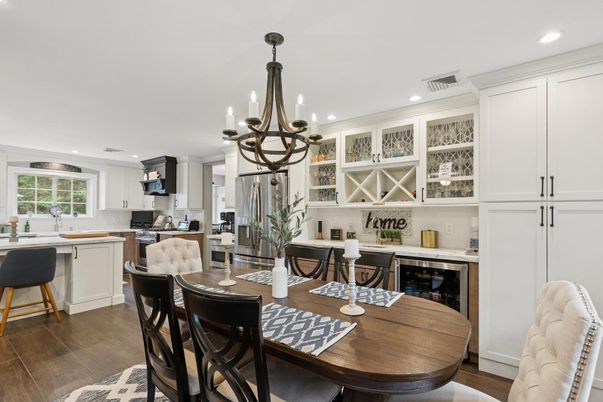 Chandelier, Dining room, Interior, Kitchen, Recessed Lighting, Wood Texture Flooring