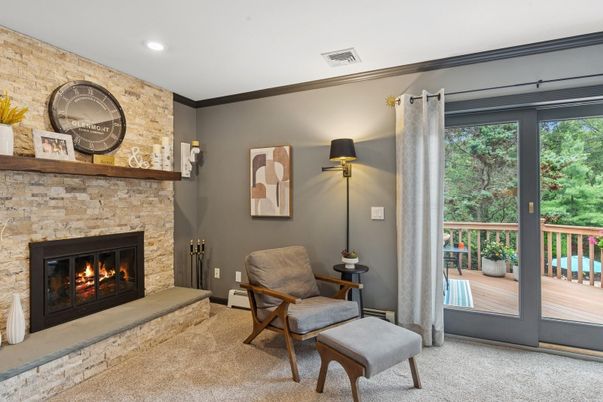 Fireplace, Interior, Recessed Lighting, Stone Walls