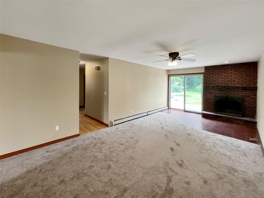 Empty room, Fireplace, Interior, Stone Walls, Wood Texture Flooring