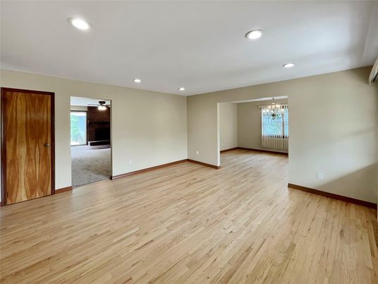 Chandelier, Empty room, Interior, Recessed Lighting, Wood Texture Flooring