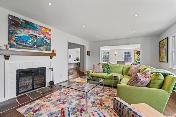 Fireplace, Interior, Living room, Recessed Lighting, Wood Texture Flooring