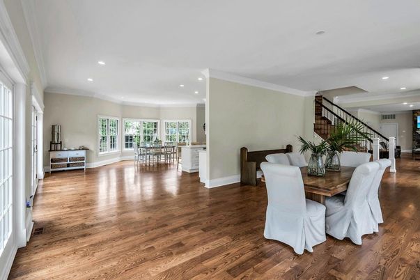 Dining room, Interior, Recessed Lighting, Wood Texture Flooring