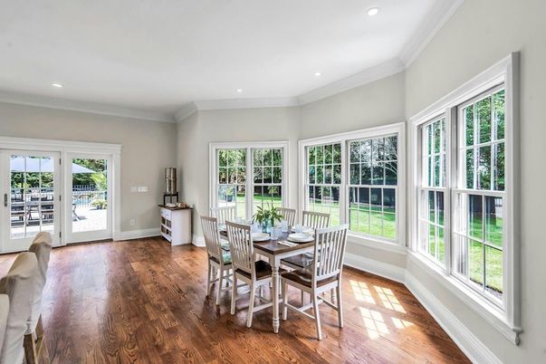 Dining room, Interior, Recessed Lighting, Wood Texture Flooring