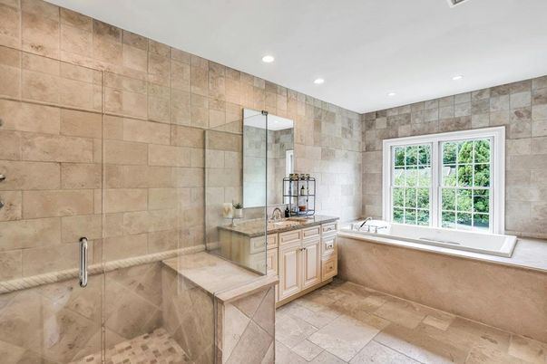 Bathroom, Glass Shower, Interior, Recessed Lighting, Stone Walls