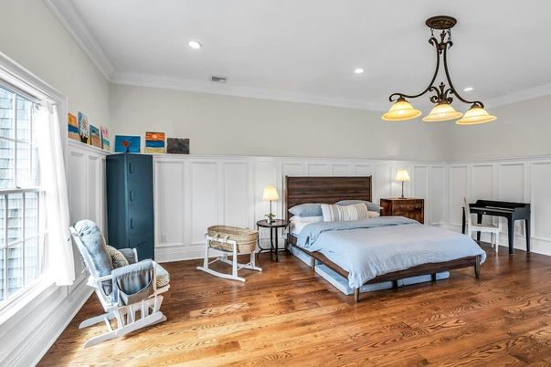 Bedroom, Chandelier, Interior, Recessed Lighting, Wood Texture Flooring