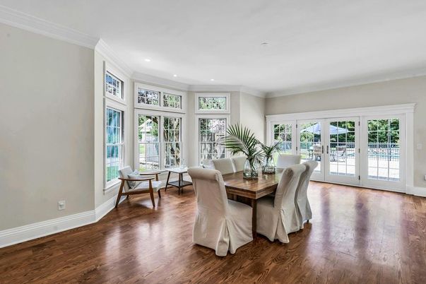 Dining room, Interior, Recessed Lighting, Wood Texture Flooring