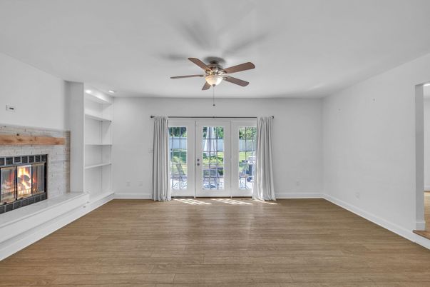 Empty room, Fireplace, Interior, Recessed Lighting, Wood Texture Flooring