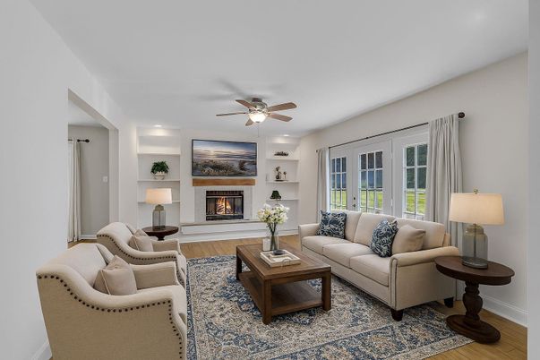 Fireplace, Interior, Living room, Recessed Lighting, Wood Texture Flooring