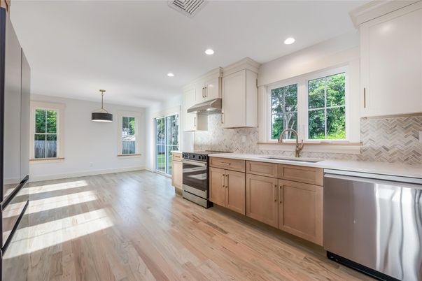 Interior, Kitchen, Pendant Lights, Recessed Lighting, Stainless Steel Appliances, Wood Texture Flooring