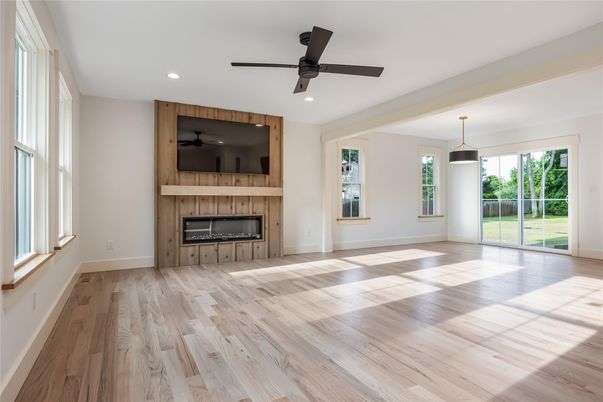 Empty room, Fireplace, Interior, Pendant Lights, Recessed Lighting, Wood Texture Flooring