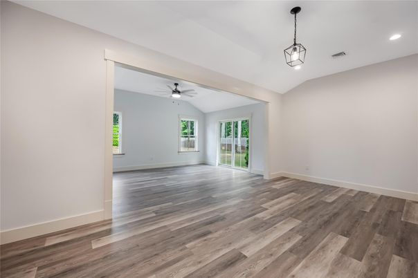 Empty room, Interior, Pendant Lights, Recessed Lighting, Wood Texture Flooring