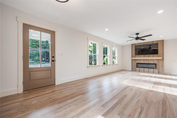 Empty room, Fireplace, Interior, Recessed Lighting, Wood Texture Flooring, Wooden Walls