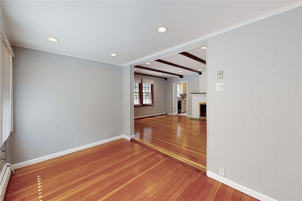 Empty room, Fireplace, Interior, Recessed Lighting, Wooden Beams, Wood Texture Flooring