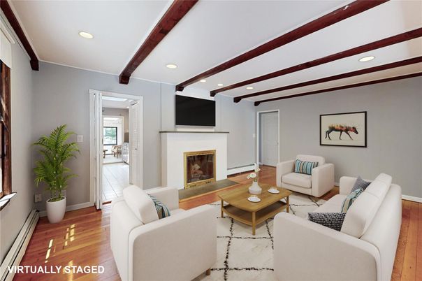 Fireplace, Interior, Living room, Recessed Lighting, Wooden Beams, Wood Texture Flooring