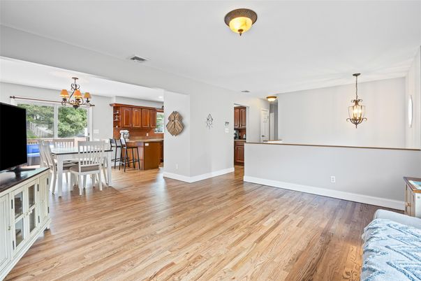 Dining room, Interior, Pendant Lights, Wood Texture Flooring