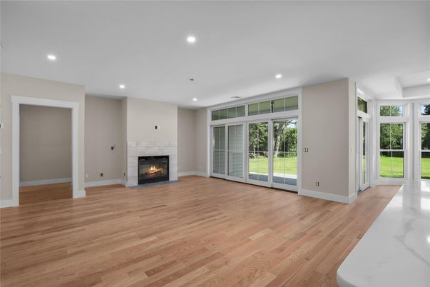 Empty room, Fireplace, Interior, Recessed Lighting, Wood Texture Flooring