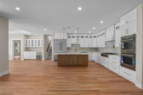 Interior, Kitchen, Pendant Lights, Recessed Lighting, Stainless Steel Appliances, Wood Texture Flooring