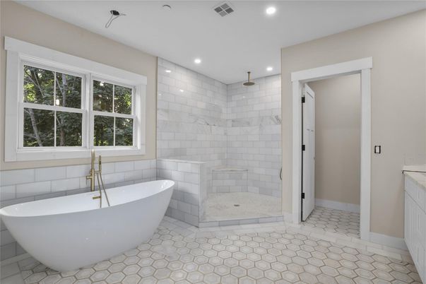 Bathroom, Free Standing Baths, Interior, Marble Walls, Recessed Lighting