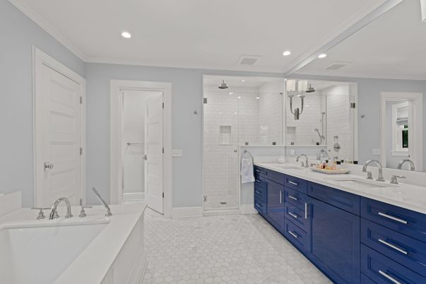 Bathroom, Dual Sink Vanities, Glass Shower, Interior, Recessed Lighting