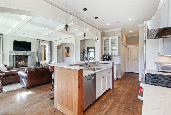 Fireplace, Interior, Kitchen, Living room, Pendant Lights, Recessed Lighting, Wood Texture Flooring