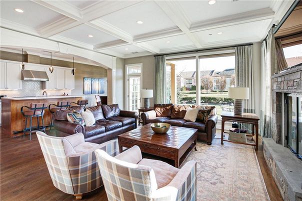 Fireplace, Interior, Kitchen, Living room, Pendant Lights, Recessed Lighting, Wood Texture Flooring