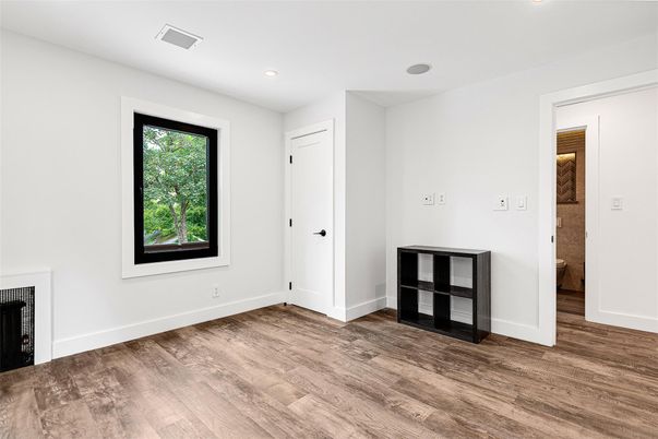 Empty room, Fireplace, Interior, Recessed Lighting, Wood Texture Flooring