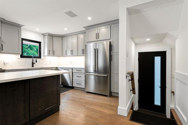 Interior, Kitchen, Recessed Lighting, Stainless Steel Appliances, Wood Texture Flooring