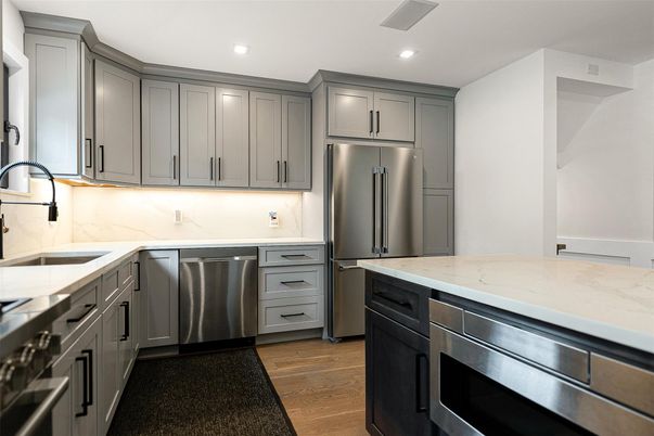 Interior, Kitchen, Recessed Lighting, Stainless Steel Appliances, Wood Texture Flooring