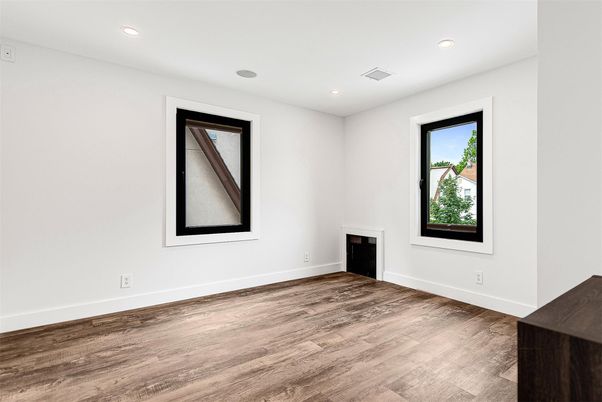 Empty room, Fireplace, Interior, Recessed Lighting, Wood Texture Flooring