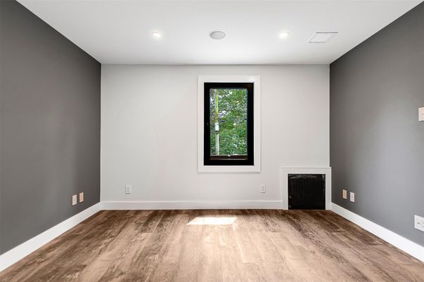 Empty room, Fireplace, Interior, Recessed Lighting, Wood Texture Flooring